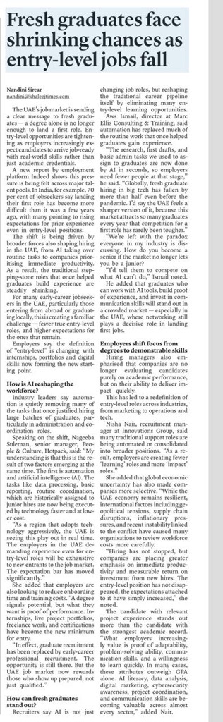 Newspaper headline: Fresh graduates face shrinking chances as entry-level jobs fall, with a multi-column article beneath it (print clipping).