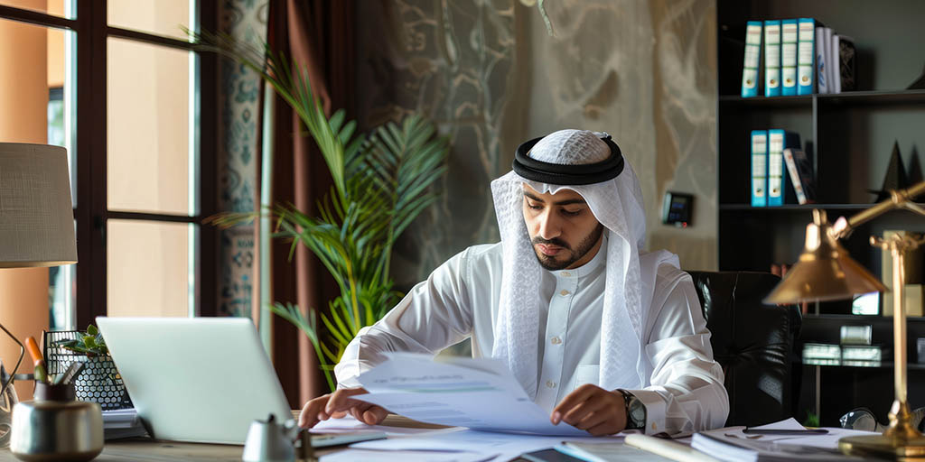 Businessman wearing a white thobe and ghutra reviews documents at a desk in a modern office setting.
