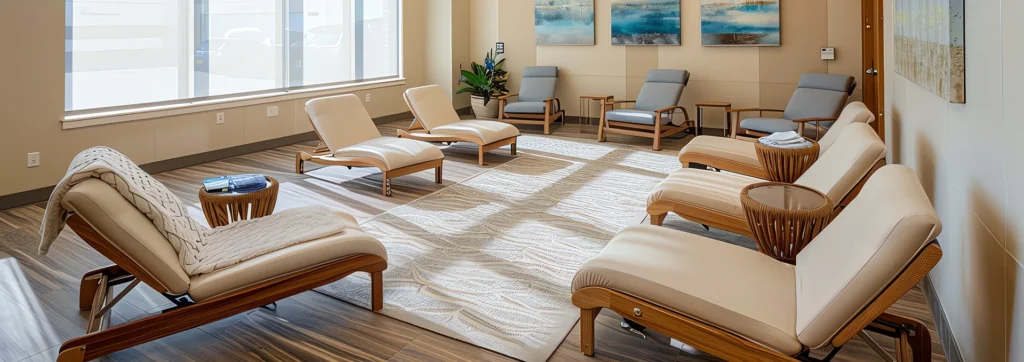 Spa relaxation lounge with tan leather recliners, wooden side tables, and large windows letting in natural light.