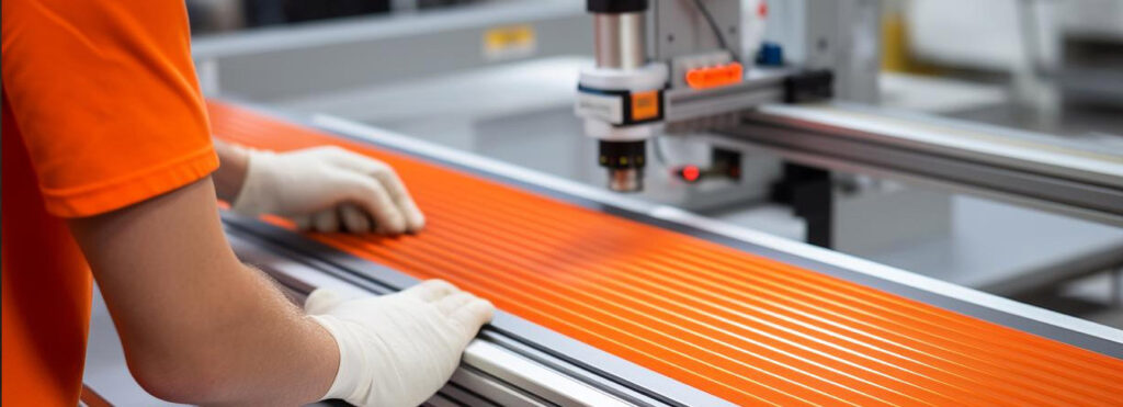 Worker in an orange shirt and gloves guides an orange conveyor belt on an automated production line.