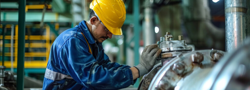 Worker in blue coveralls and a yellow hard hat inspects a large metal valve in a factory setting, performing maintenance.
